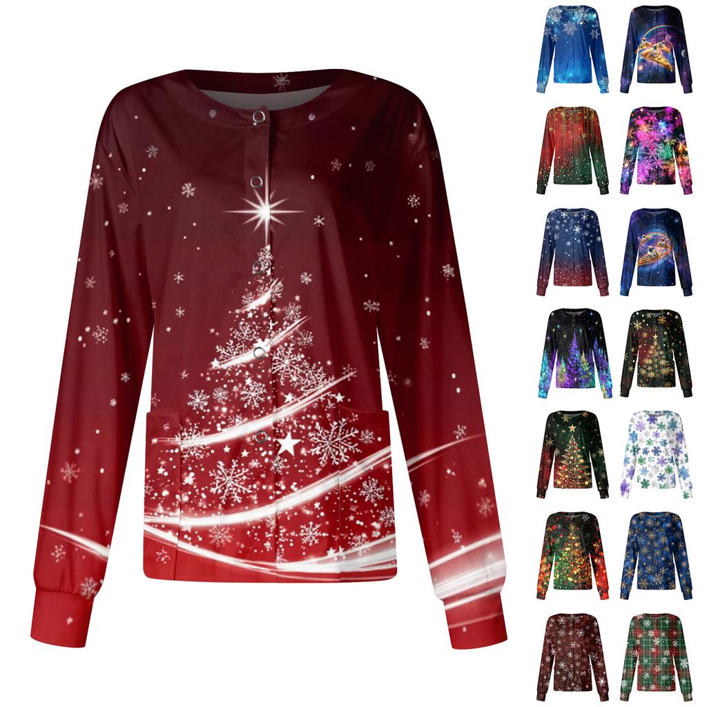 Women's Christmas-printed Casual Long-sleeved Single-breasted Work Uniform Cardigan