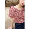 Mishow Damen Bluse 2023 Sommer Neue Rüschen Rot Plaid Pendler Puff Sleeve Casual Alle-spiel Weiche Elegante Weibliche Pullover Tops MXC37X1271