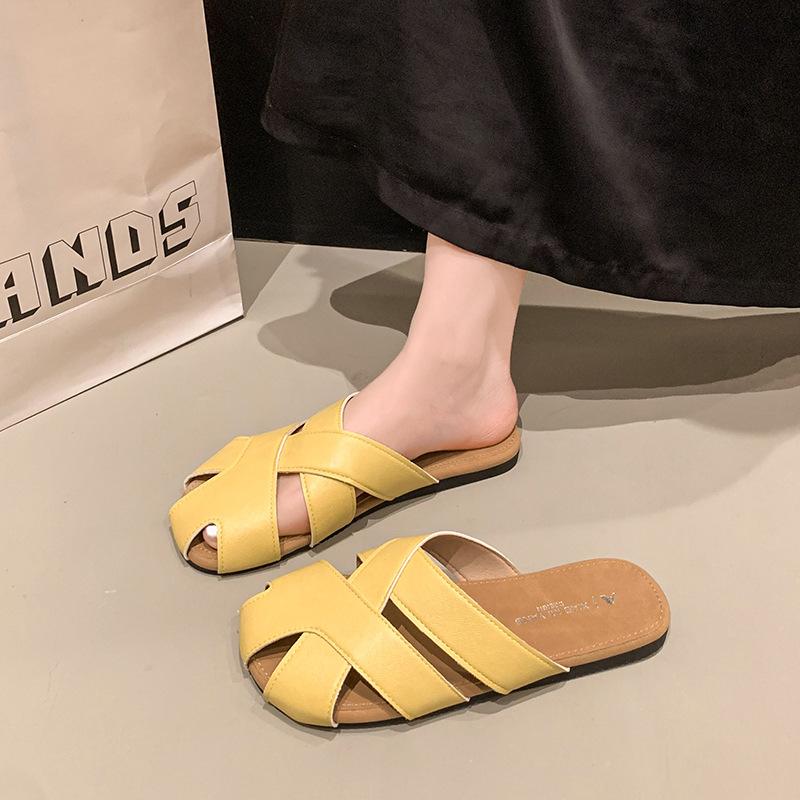 2025 summer new retro bag head half slippers open-toed wear breathable one-word drag female lazy flat-bottomed muller shoes