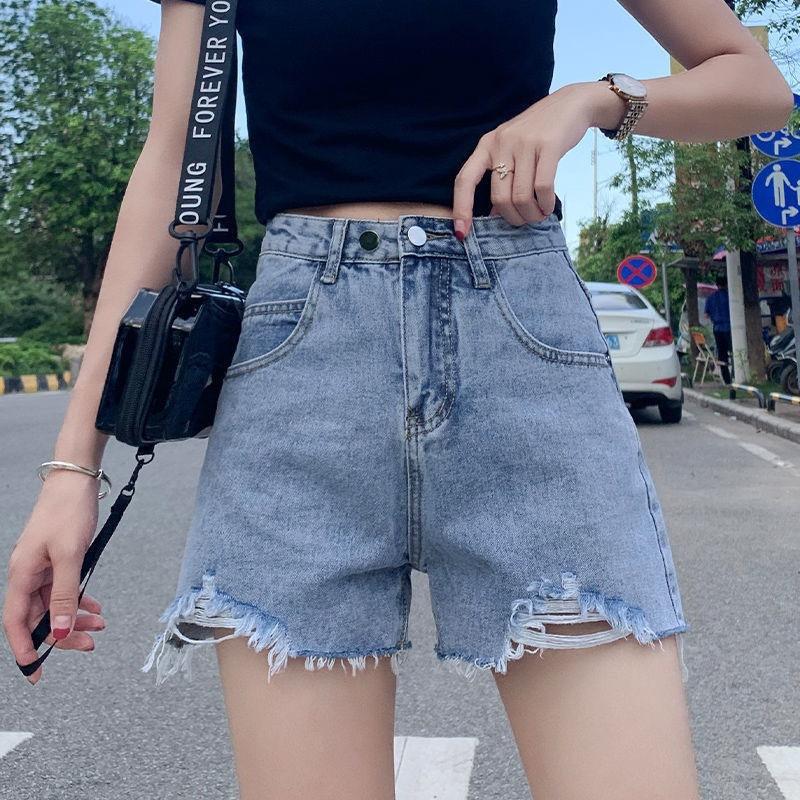 Ripped denim shorts summer new straight loose high and thin high waist wide leg jeans women