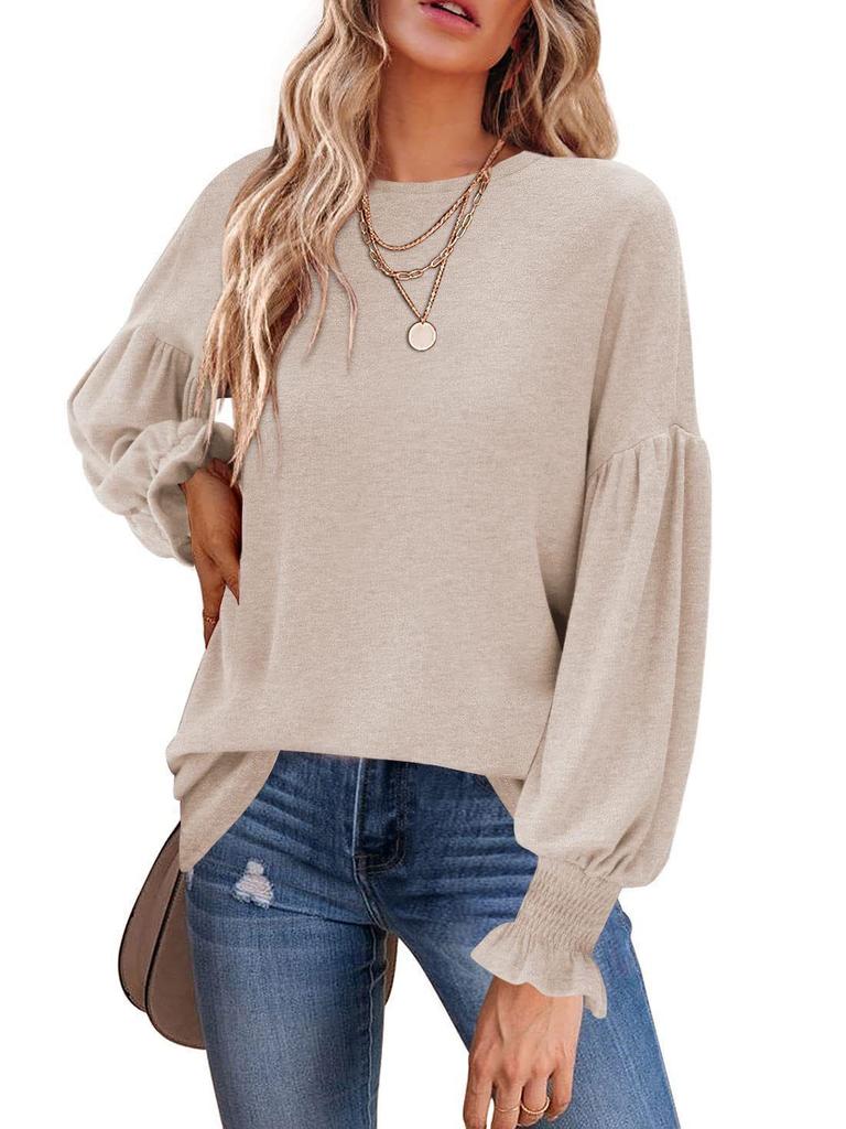Women's tops, autumn and winter new round neck pleated lantern sleeve women's long European and American T-shirt
