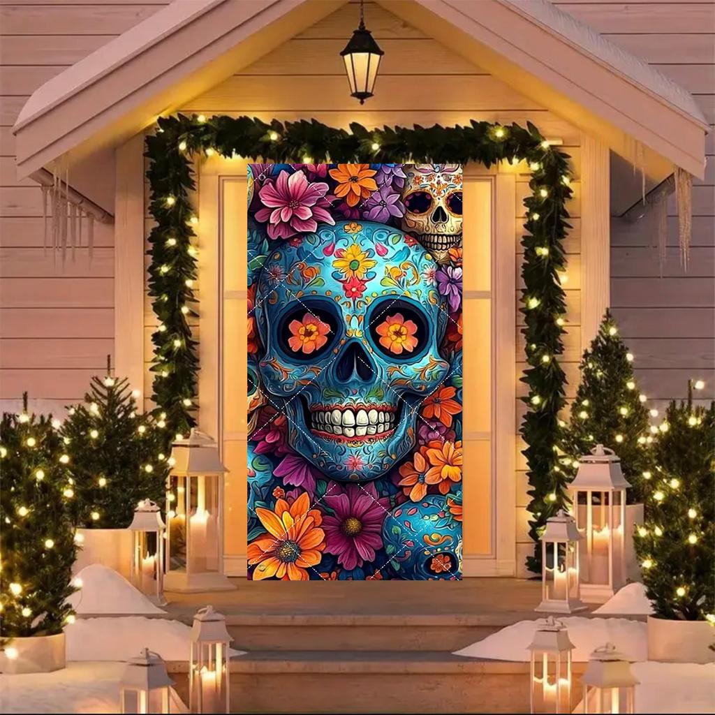 Copri Porta Giorno dei Morti Messicano Sfondo Scena Giorno dei Morti Decorazione Festa Fiore Messicano Teschio Scheletro Candela Striscione Festa