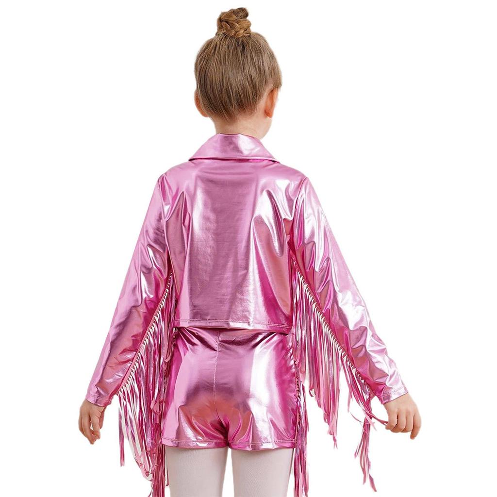 Girls Birthday Party Jacket: Sparkling Metallic Top with Long Sleeve, Tassel Trim & Zipper, Fringe Turn-Down Collar Design