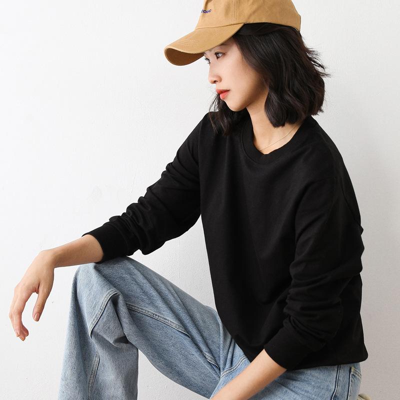 Damen Sweatshirt Frühling Herbst Mehrfarbig Mode Koreanisch Rundhals Baumwolle Locker Damen Sweatshirts Vintage Einfarbig Pullover