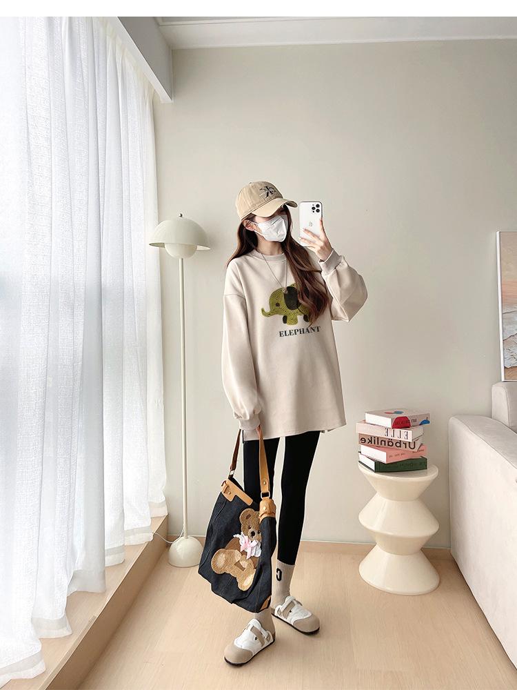2025 Spring-Autumn Maternity Two-Piece Set: Grey & White Elephant Slit Sweatshirt with Long Sleeves