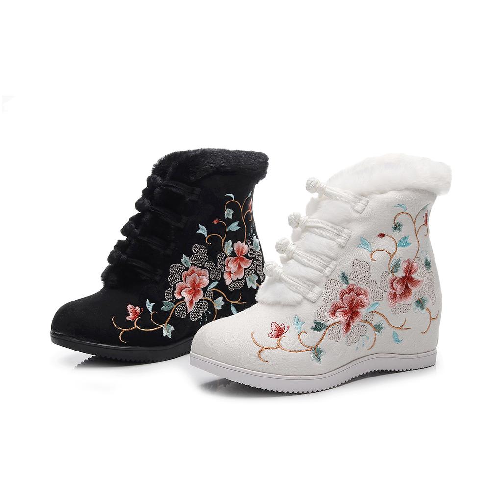 Wood Brocade, Cotton Boots, Winter Padded and Velvet High-heeled Cotton Boots, Antique Disc Buckle Gold Silk Embroidered Wool Cotton Shoes