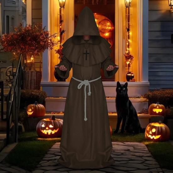 Monnik Middeleeuws Gewaad met Capuchon Monnik Renaissance Priester Kostuum Halloween Tovenaar Toveraar Cosplay Mantel voor Volwassenen