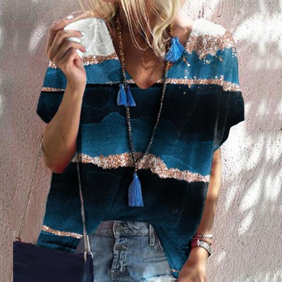 

Women Blouse Color Block Stripe Print Summer Round Neck Loose