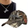 2pcs Men's Baseball Cap Necklace Set Embroidered Fish Outdoor Camouflage Leisure Cap Motorbike Titanium Steel Models Pendant Necklace Sun Hat