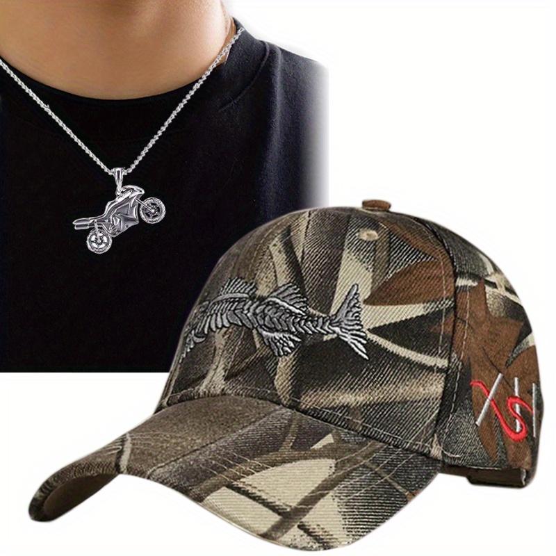 2pcs Men's Baseball Cap Necklace Set Embroidered Fish Outdoor Camouflage Leisure Cap Motorbike Titanium Steel Models Pendant Necklace Sun Hat
