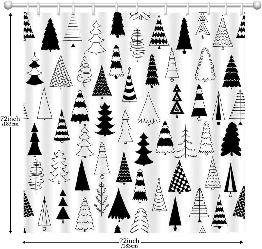 Merry Christmas Black And White Tree Shower Curtain Xmas Pine Pattern New Year Holiday Bathroom Curtains, Winter Trees Bath