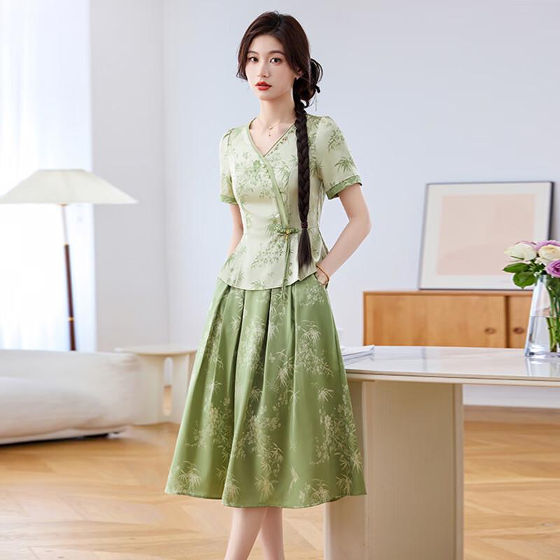 Elegant Green New Chinese Style Cheongsam Two-Piece Suit