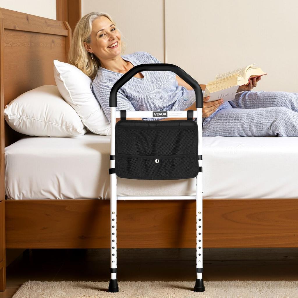Bed Rail for Elderly, Bedside Assist Rails with Supporting Leg and PU Handrail, Adjustable Height Carbon Steel Pipe Bedside Cane, Bed Bars for Seniors