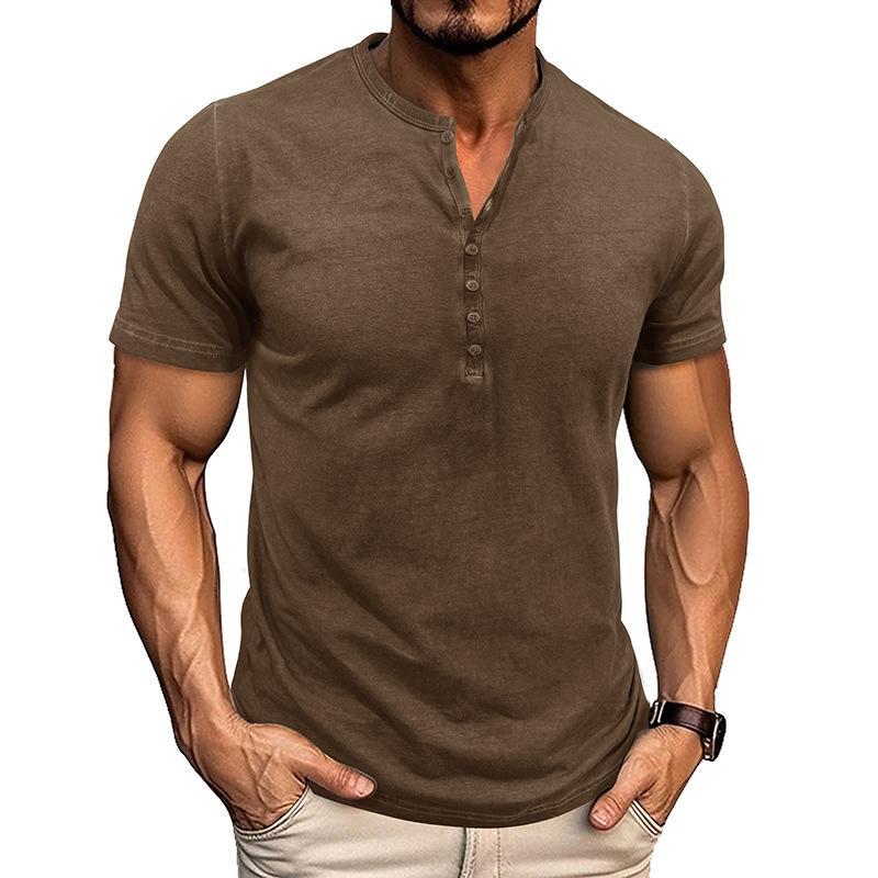 Herren Slim Fit Henley-Shirt Kurzarm Knopf V-Ausschnitt Lässiges einfarbiges T-Shirt