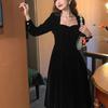 French Hepburn Small Black Dress Golden Velvet Dress Women's Autumn and Winter New Temperament Waist Celebrity Style Dress