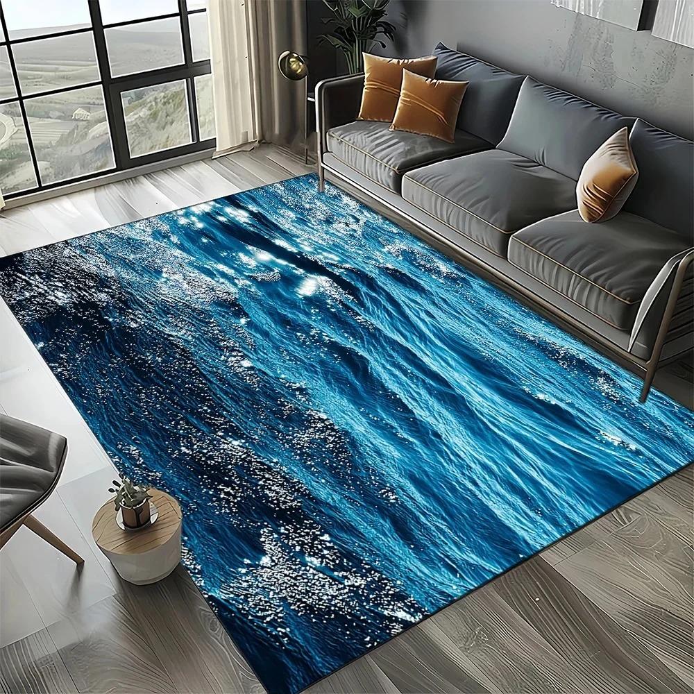 Sparkling Ocean Water Area Rug Blue Wave Pattern Carpet Living Room Bedroom Stylish Decorative Floor Mat