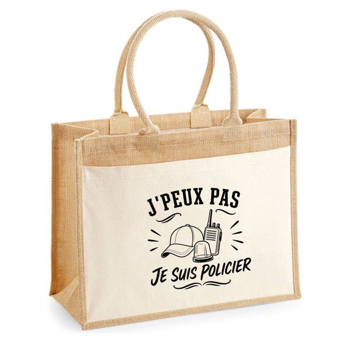 Sac Cabas Jute avec Poche J’peux pas je suis Policier J'peux pas minimaliste | Toile de Jute et Coton 21 L Fond Plat Anses 65 cm