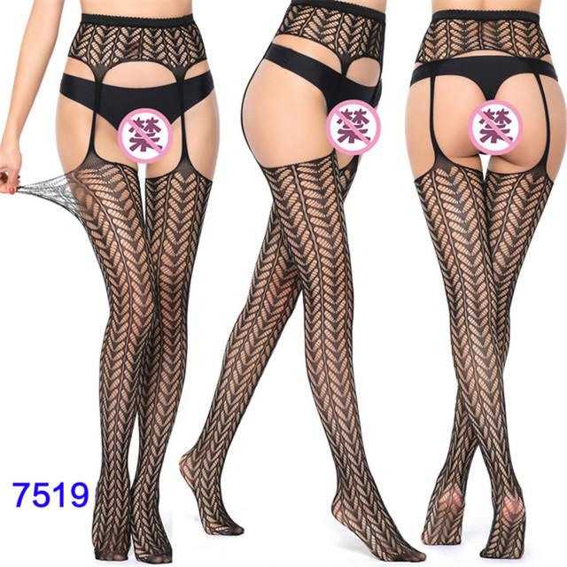 Sexy Lingerie Women's Fishnet Stockings With Garter Belt Summer Thin Lace Patterned Mesh Tights Female Black Suspender Pantyhose