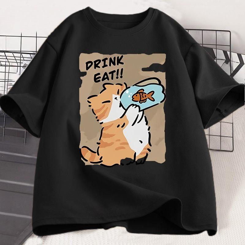 Funny Cat Eat Fish Tshirt Trend Printed Cotton Round Neck Tshirt Unisex and WOMEN with The Same Loose Casual Short Sleeve Tees