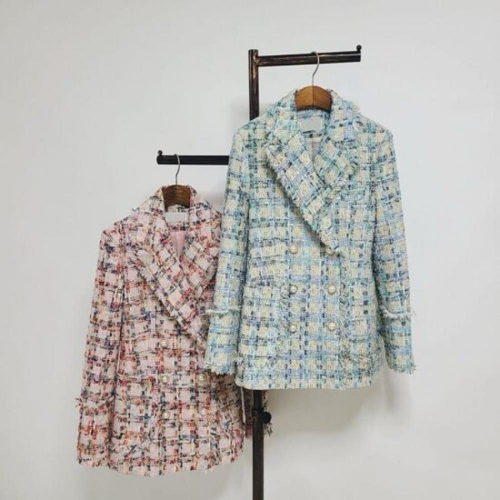 Style Latte Women Pastel Check Pattern Fringe Tweed Jacket Pearl Button