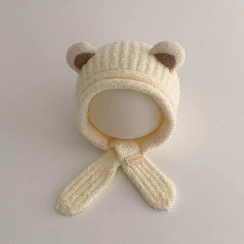 Warm Fleece Baby Bear Ear Hat Soft Plush With Chin Tie Perfect For Infant Winter Outdoor Daily Wear