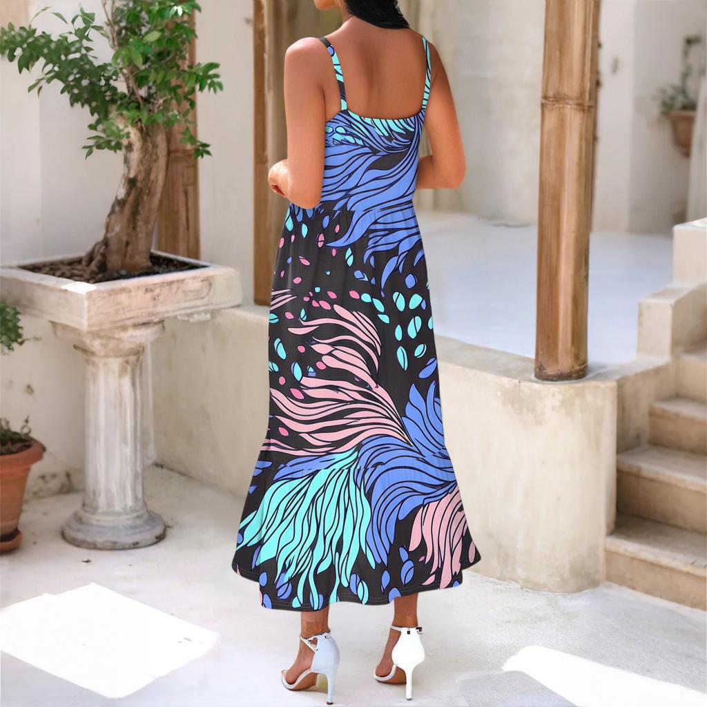 Dámské dlouhé plážové ležérní elegantní maxi šaty na špagetová ramínka, šité, decentní splývavé bohémské šaty