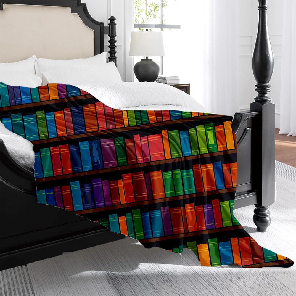 1Pc Monet-Inspired Bookshelf Print Plush Blanket - Thick All-Season Soft Bedspread With Multicolor Book Pattern (Monet'S Library