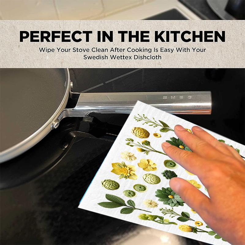 6PCS Green Leaves Printed Swedish Dishcloths Eco-Friendly Kitchen Rags Absorbent Dish Towels Reusable Washable Cleaning Cloths