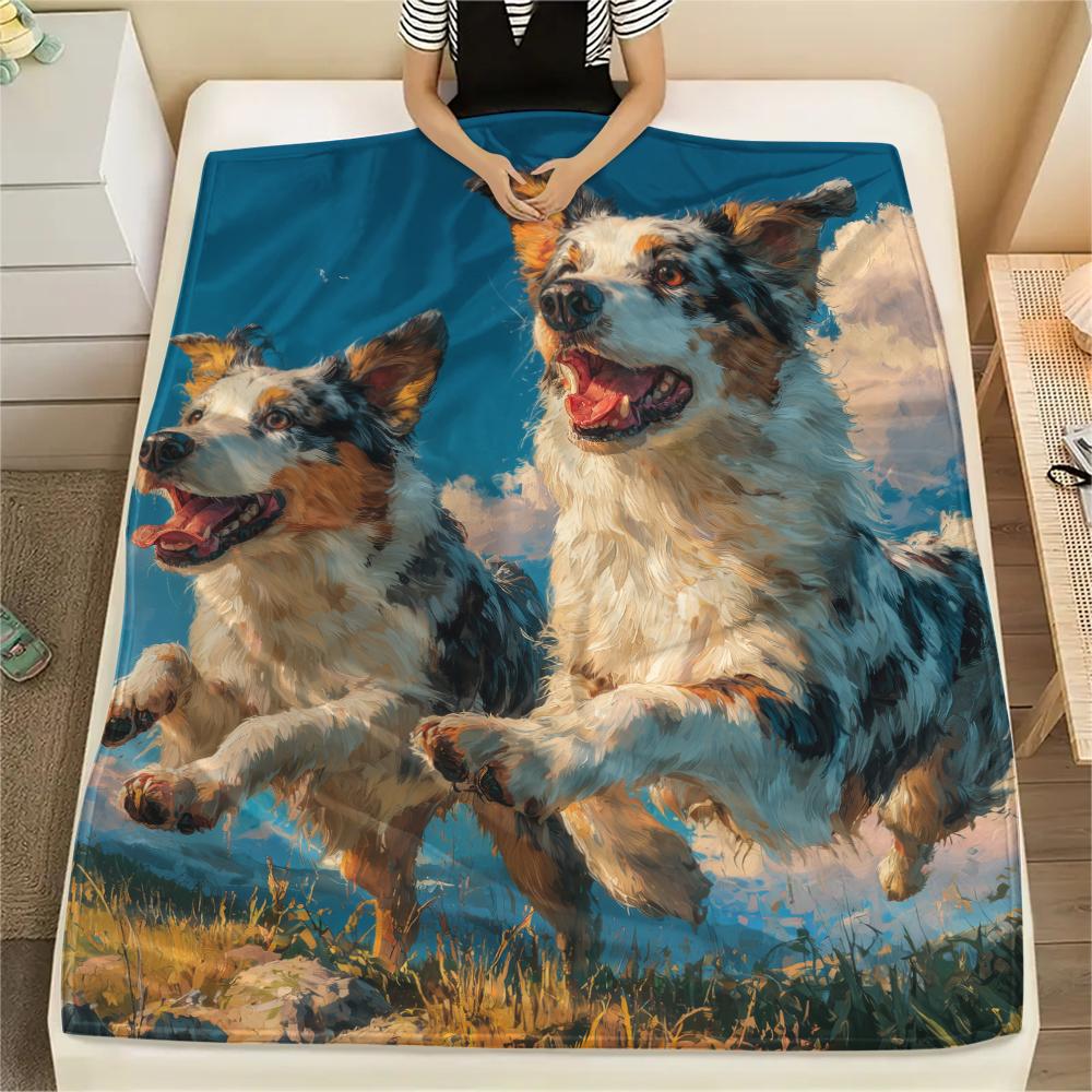 Two Australian Shepherds,pattern Flannel Blanket, High quality Comfortable for All Seasons, Home Decor, Warmth and Comfort, Perfect for Gifts.
