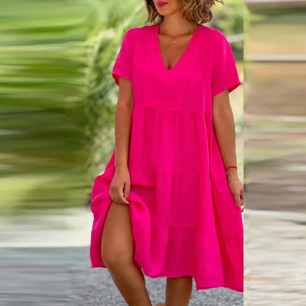 Fashion Women's Summer V Neck Casual Fashion Color Pullover Dress