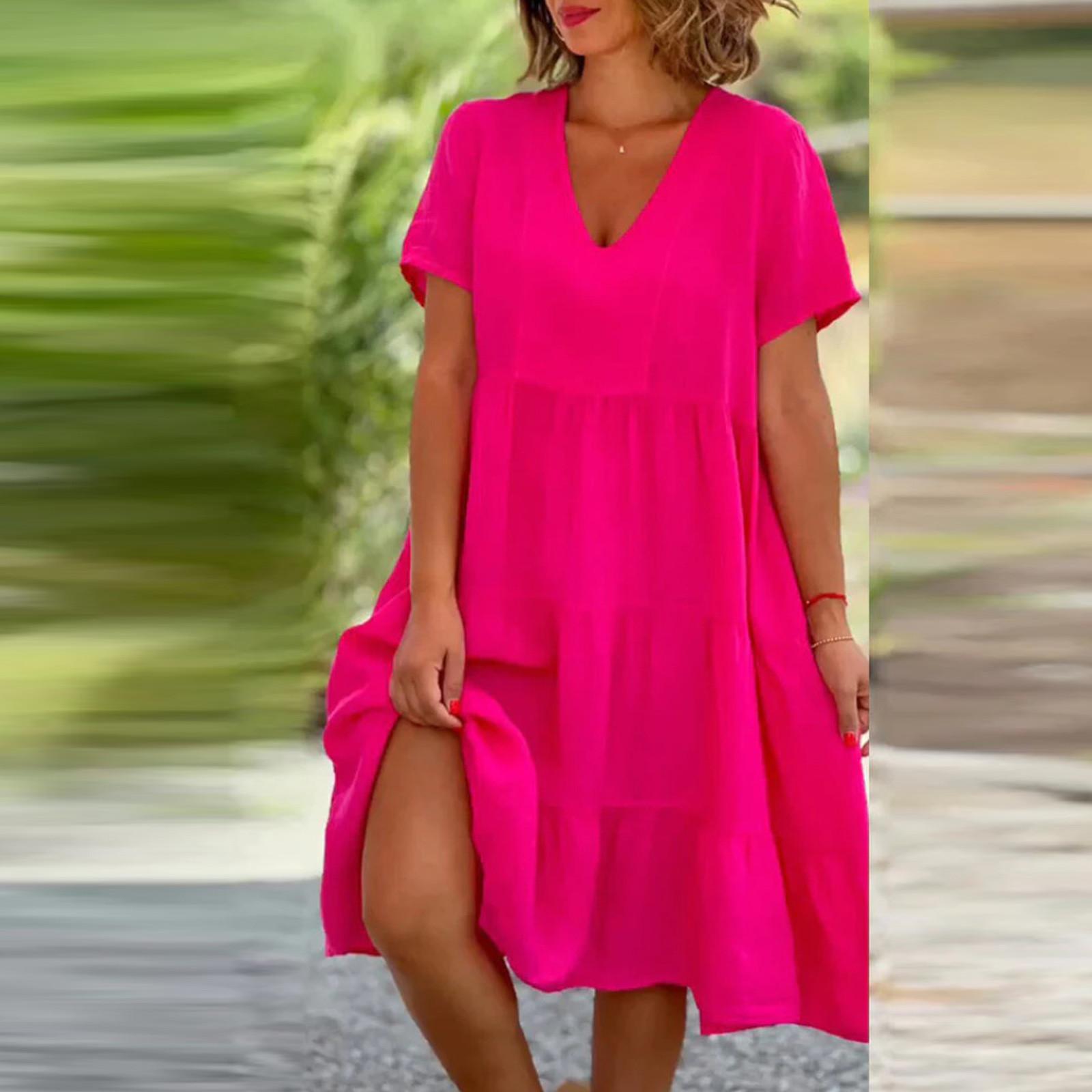 

Модное женское летнее платье с V-образным вырезом, повседневное модное однотонное пуловерное платье XL горячий розовый