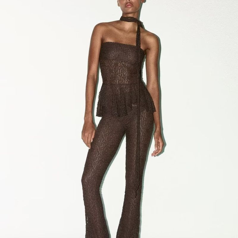 Zbzr Spring New Women Clothes Transparent Slim Fit Scarf Lace Top Trumpet Pants 6050325 6050339