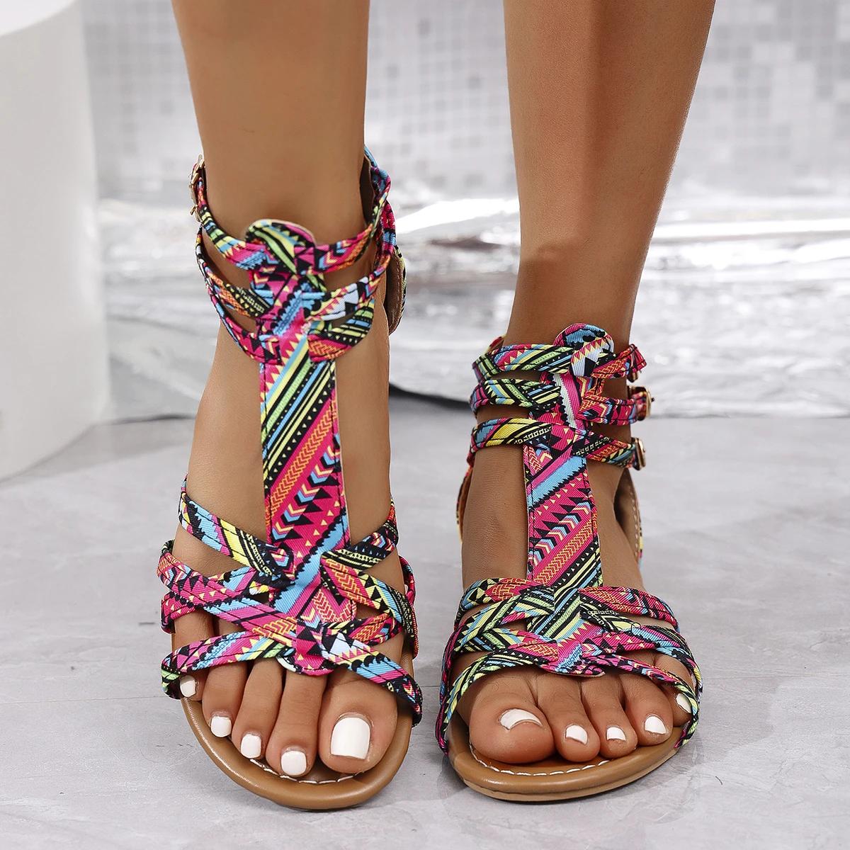 

Летние женские римские сандалии на плоской подошве, с обмоткой, на молнии сзади, с открытым носком, женские сандалии для улицы, пляжа, противоскользящие, женские тапочки 43 красный