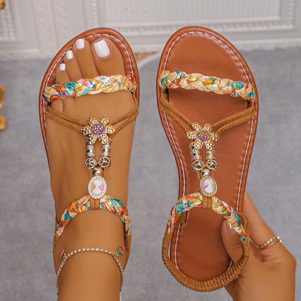 Ethnic style round-toe flat sandals, casual beach shoes 2026