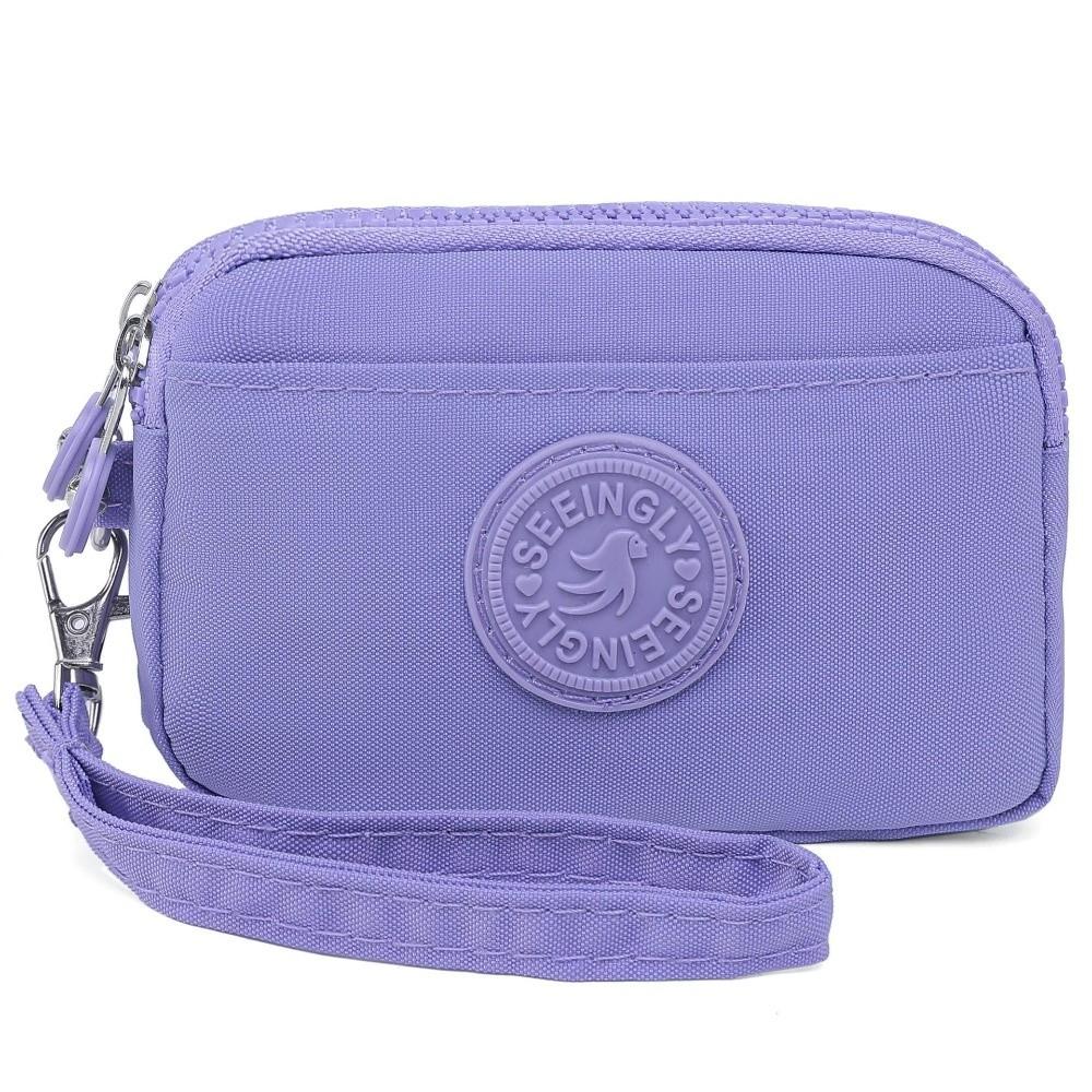 Portable Solid Color Women Wallet with Lanyard Waterproof Credit Card Holder Double Layer Nylon Zipper Clutch Ladies