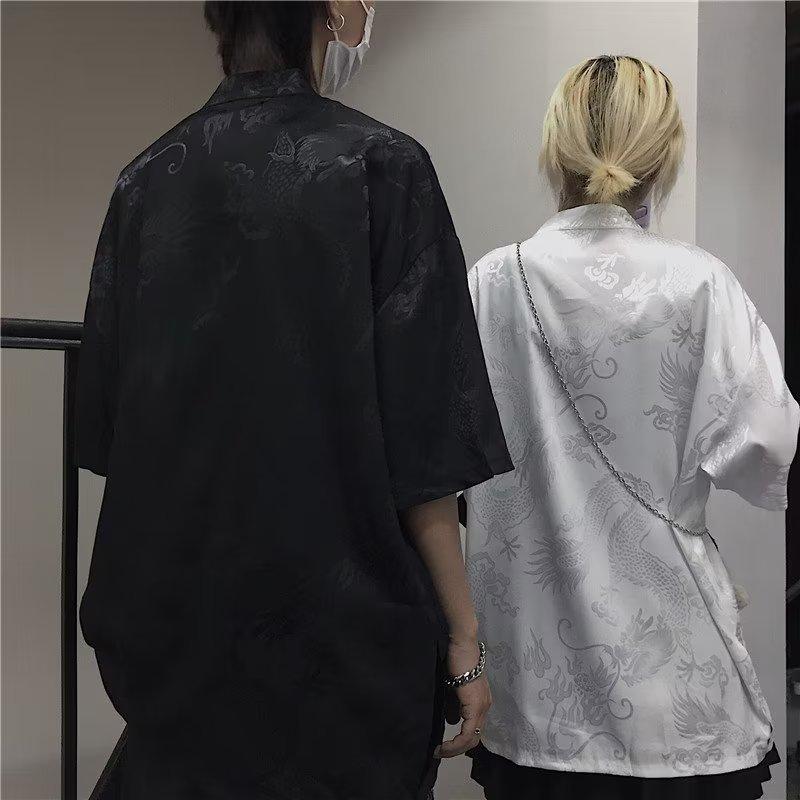 Men's Retro Chinese Tang Suit Short-Sleeved Dragon Pattern Shirt - National Trend Couple's Casual All-Match Jacket