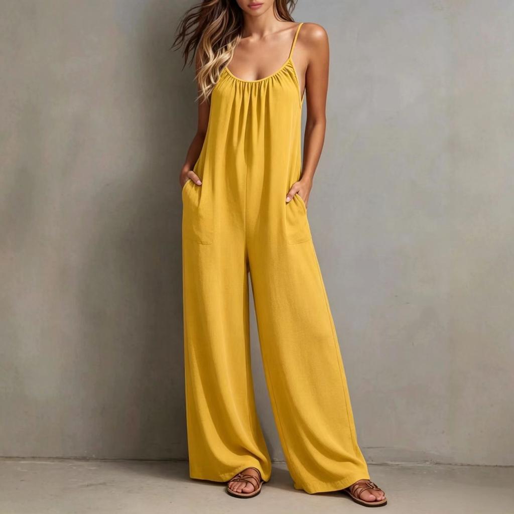2026 Spring and Summer New European and American Cross-border Women's Clothing Casual Loose Wide-leg with Pockets Seaside Vacation Style Jumpsuit