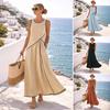 Maxi Abito Estivo da Donna a Manica Corta con Scollo a V Linea ad A Svasato Casual per Vacanze al Mare Abito Solare Fluido con Tasche