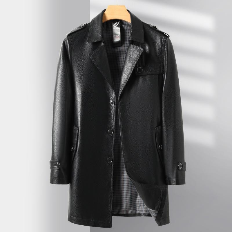 Spring and Autumn Genuine Leather Jacket Men's Medium-Length Coat Thin First-layer Cowhide Suit Leather Windbreaker Plus Velvet Thickening