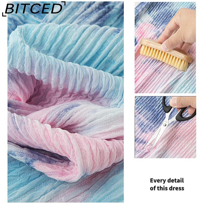 BITCED Tie-Dye Ice Silk Wide-Leg Trousers for Women Summer Lightweight High-Waisted Drape-Effect Colour-Printed Pleated Casual Floor-Length Trousers