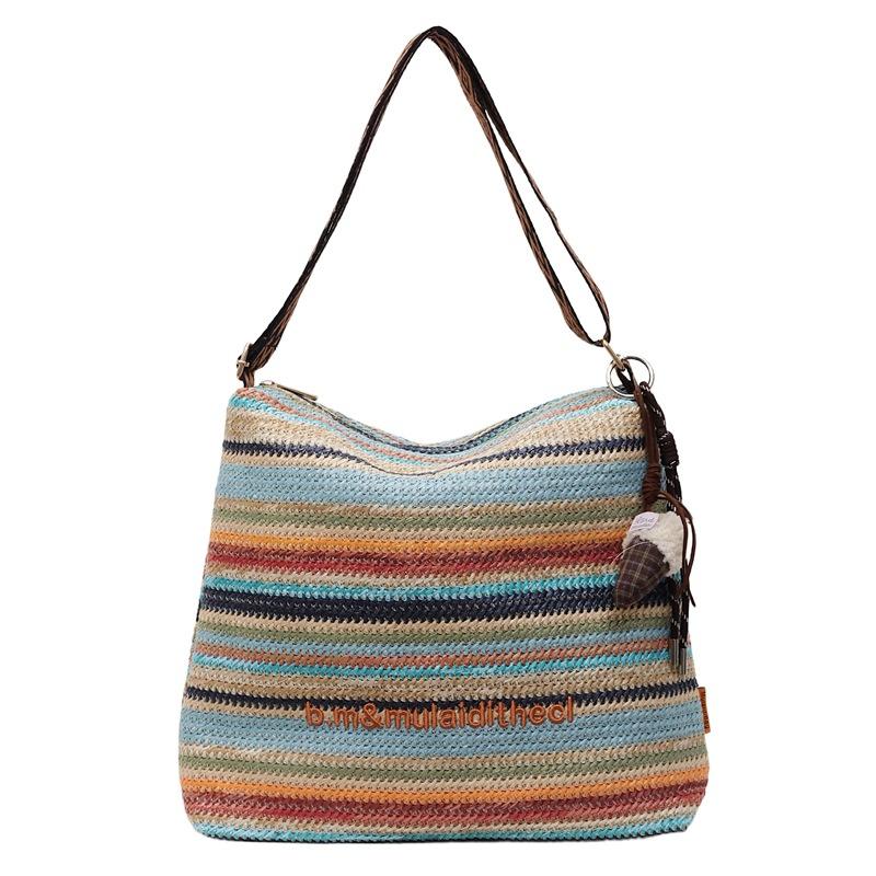 Rainbow Striped Woven Bag Women's New Fashion Commuter Tote Bag Shoulder Bucket Straw Woven Bag Tide