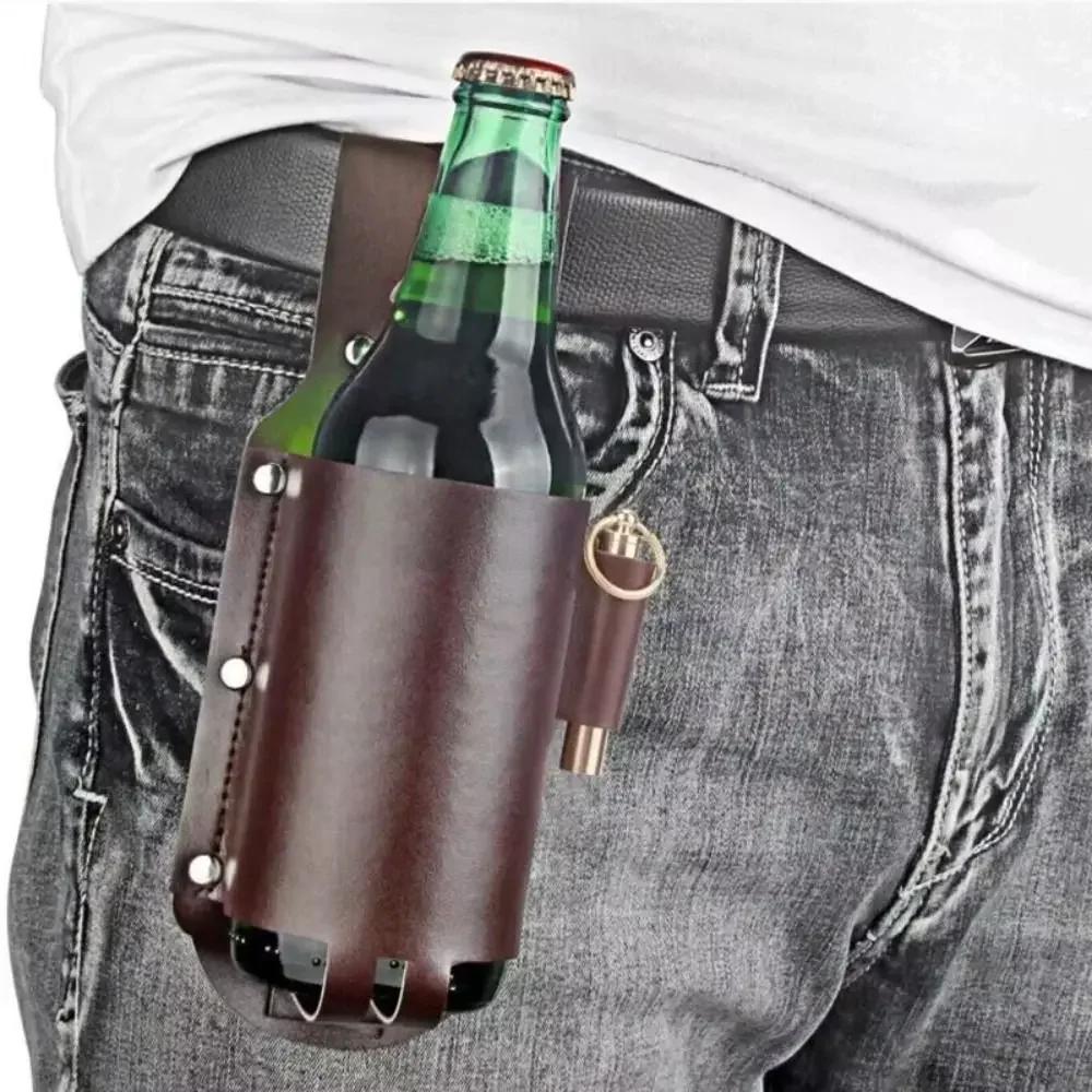 PU Leather Beer Bottle Waist Holster Waist Hanging Style Portable Wine Bottles Beverage Holder with Pen Holder