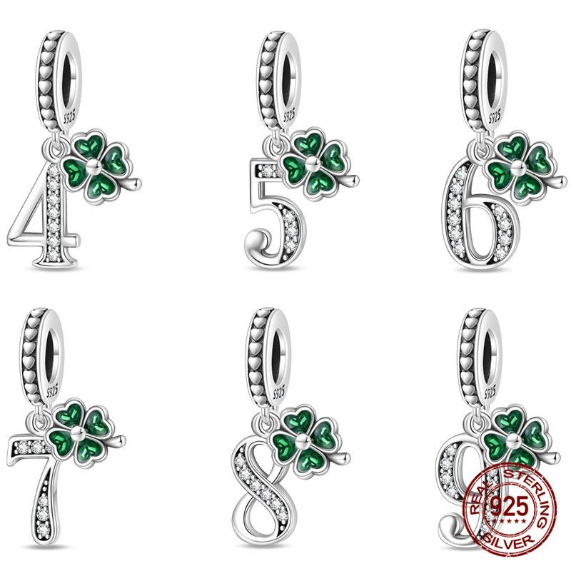 100% 925 Silver Green Zircon Lucky Number Pendant Suitable for Original 925 Women Bracelet DIY Jewelry Making Gift