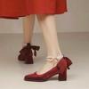 Fashion 2025 New Red Bow Pearl Mary Jane Platform Lolita Heels for Women Chunky Wedding Shoes Waterproof Mid Heel Single Shoes