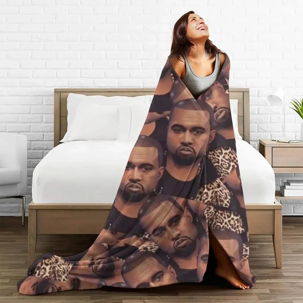 K-Kanye West Face Flannel Blankets Quality Super Soft Rapper Throw Blanket Autumn Airplane Travel Couch Chair Pattern Bedspread