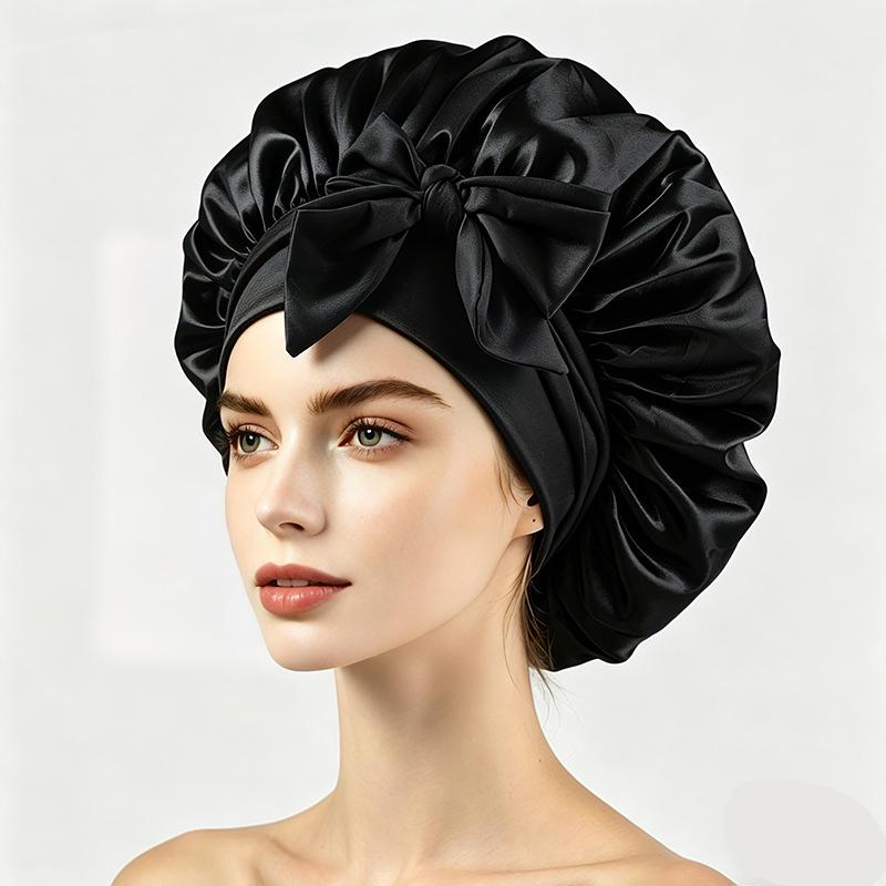 Silky Satin Sleep Cap with Tie-Up Ribbon for Women - Hair Care Hat