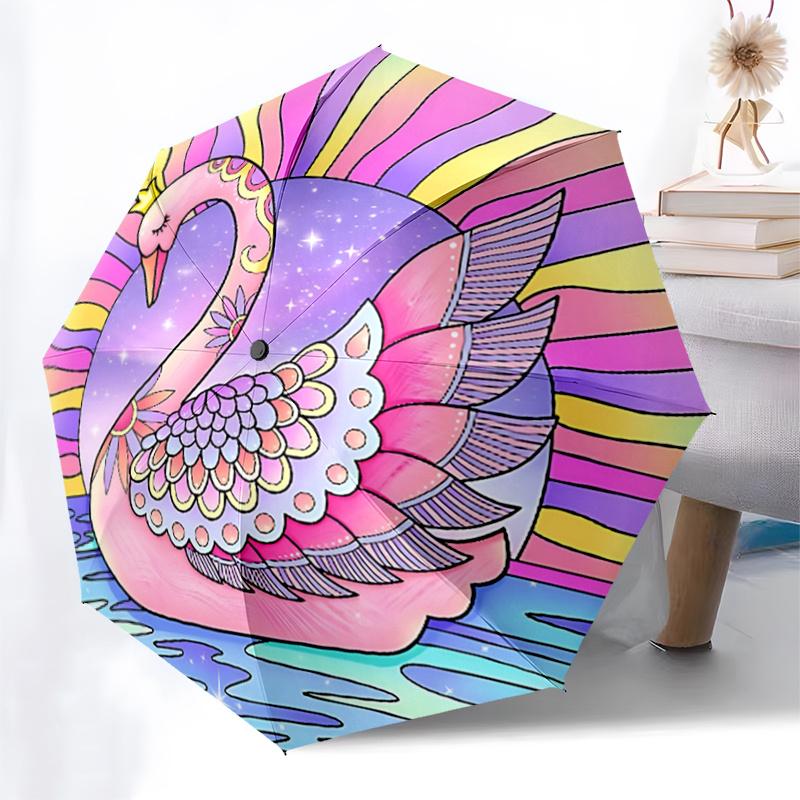 Magical Swan Auto-Folding Umbrella: Rainbow Fantasy Design, Portable 3-Fold Structure with Iron Frame, Perfect for Festivals, Travelers, Dai