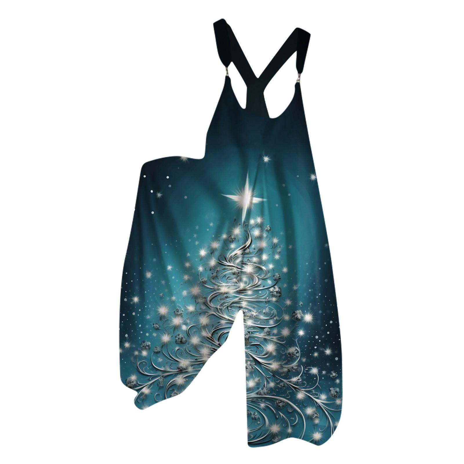 Женский рождественский комбинезон Small Fresh Star Christmas Tree Print Retro Jumpsuit XL циан