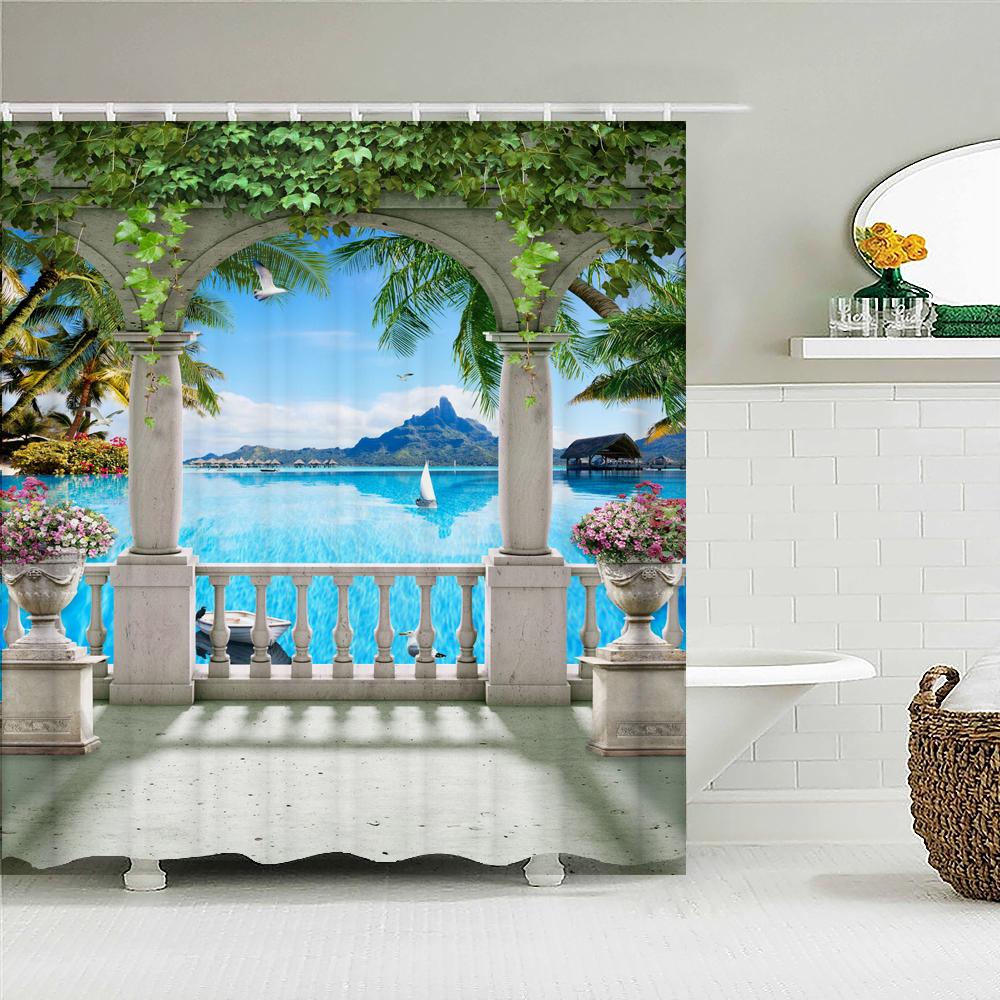 European Garden Patio Landscape Shower Curtains Beach Flowers Bathroom Curtain for Bathroom Polyester Waterproof Shower Curtain