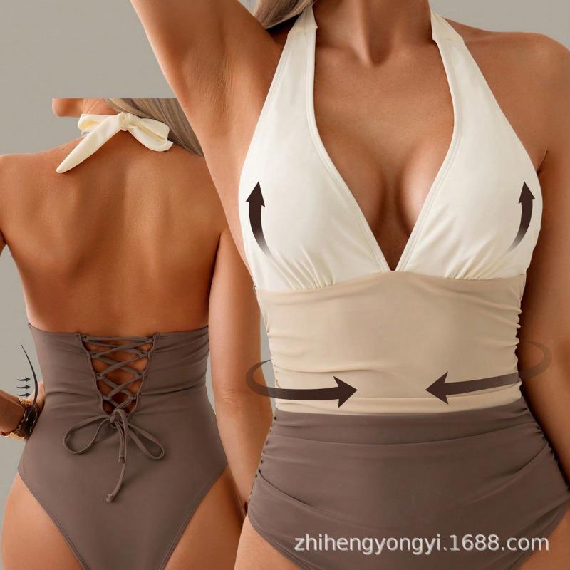 One-piece Swimsuit New Sexy Solid Color Stitching Halterneck Women's Swimsuit